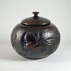 Vintage Hand Carved Wooden Lidded Jar Bowl Vtg Tribal African Folk Art Container